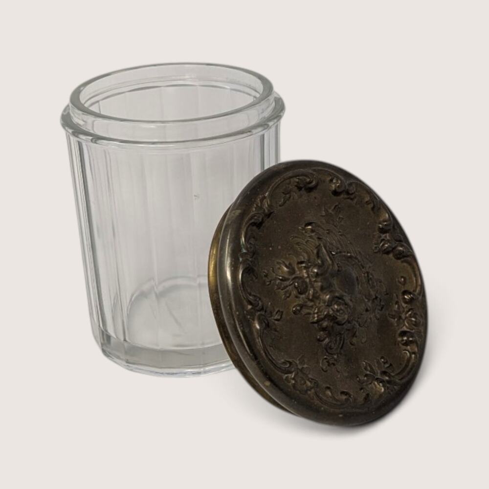 Vintage Ribbed Glass Vanity Jar Ornate Embossed Metal Lid Dresser Container
